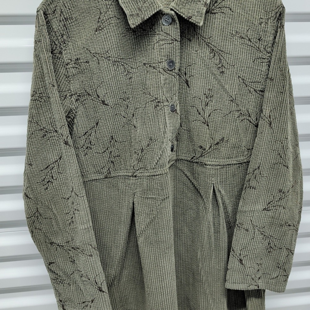 J. Jill Size L Womens Green Corduroy Embroidered Floral Tunic Long Sleeve Shirt - Picture 3 of 9